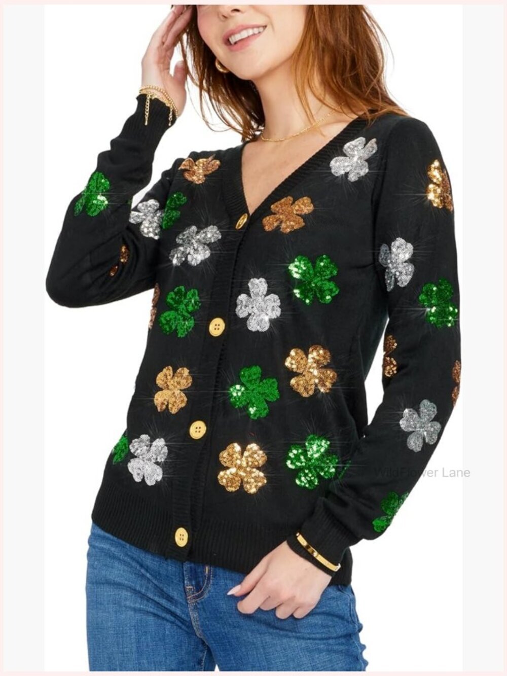 St. Patrick's Day Sequin Cardigan Comfy Loungewear V-Neck Button Front